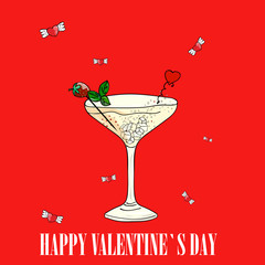 Valentines day card hand drawing. cocktail, champagne in a glass and sweets. Macaroon. tag labeled love. for greeting cards, party invitations, posters, stickers, pin, scrapbooking, t-shirt design.  