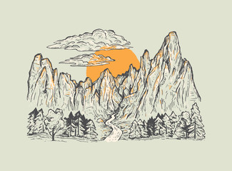 Sketch of a mountains with forest, stream, sunrise or sunset.Vector romantic landscape.