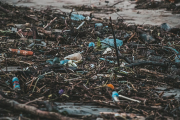 Trash dragged by the ocean after a storm