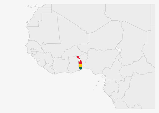 Togo map highlighted in Togo flag colors
