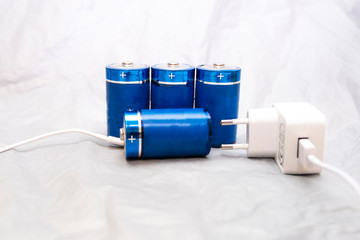 Batteries and charger on a gray background. Energy storage.