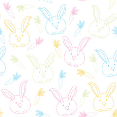 easter seamless pattern. Cute rabbits and carrots, neon color, outline, sketch. Hand drawing, festive background.