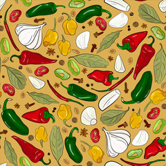 seasonings, spices seamless pattern. Bay leaves, garlic, peas, chili, cloves. Background for menu, packaging, wrappers, kitchen prints, spice shop. Hand drawing.