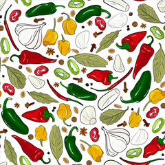 seasonings, spices seamless pattern. Bay leaves, garlic, peas, chili, cloves. Background for menu, packaging, wrappers, kitchen prints, spice shop. Hand drawing.