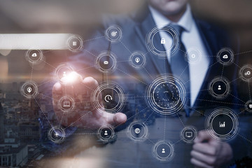 Businesswoman clicks in a structure of the process integration .