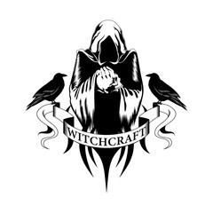 Black and white vector image of a sorcerer with a skull and ravens. Image on a white background.