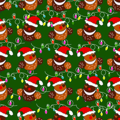 Stylish christmas background. Seamless pattern. Funny birds, lanterns and caps of Santa Claus. Wrap or bag for holiday gifts.