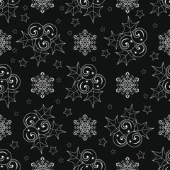 Stylish christmas background. White drawing on a black box. Fashionable picture. Seamless pattern. Snowflakes, berries and stars. Wrap or bag for holiday gifts.