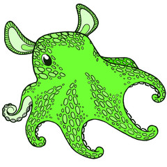 Vector illustration in a realistic style. Hand drawing octopus dumbo. Green octopus. Isolated on white. Cute print for children's staff. Sea life collection.	