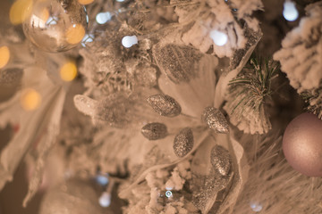Obraz na płótnie Canvas Christmas, Christmas tree decorations vintage toys. Big beautiful flower.Balls. Light background for postcard