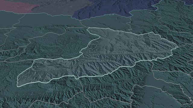 Baghlan, province with its capital, zoomed and extruded on the administrative map of Afghanistan in the conformal Stereographic projection. Animation 3D