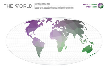 World map with vibrant triangles. Equal-area, pseudocylindrical Mollweide projection of the world. Purple Green colored polygons. Modern vector illustration.