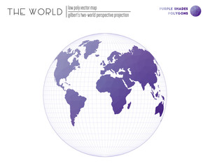 Abstract world map. Gilbert's two-world perspective projection of the world. Purple Shades colored polygons. Modern vector illustration.