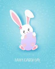 Happy Easter day greeting card with bunny hug a eggs in paper cut style. Digital craft paper art. Easter poster.