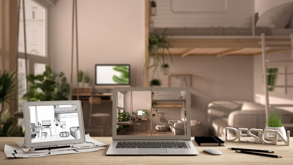 Architect designer desktop concept, laptop and tablet on wooden desk with screen showing interior design project and CAD sketch, blurred draft background, modern studio apartment