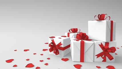 3d render of white box wrapped in a red ribbon with red hearts. White background.  Copy space for text. Valentines day presents, illustration.