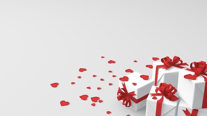 3d render of white box wrapped in a red ribbon with red hearts. White background.  Copy space for text. Valentines day presents, illustration.