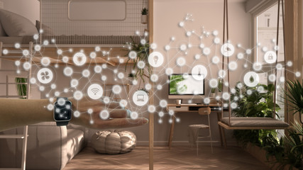 Woman wearing a smart watch, arm, wrist, geometric background with connected line and dots showing internet of things system, home automation concept over modern studio apartment