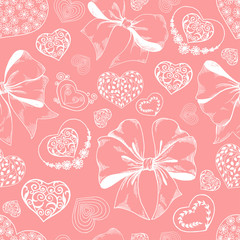 Seamless pattern with Valentine's Day elements on pink background. Hand drawn vector illustration.