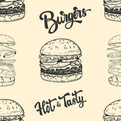 Seamless pattern with burgers. Design element for poster, card, banner, clothes decoration. Vector illustration