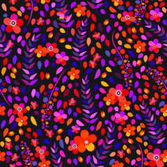Vector floral ethnic seamless pattern in doodle style with flowers and leaves. leaves and flowers. Autumn background