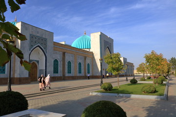 Turquoise dome,the portal,the mausoleum of Imam al Bukhari in Samarkand, Uzbekistan