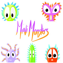 Collection of Mini Monster Fictional Imaginary Characters Cartoon Illustration Vectors