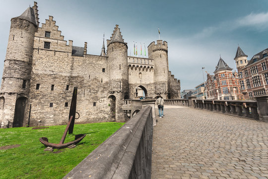 Medieval castle Het Steen in Antwerp. Castle Han Steen iz landmark and main touristic attraction in Antwerpen.