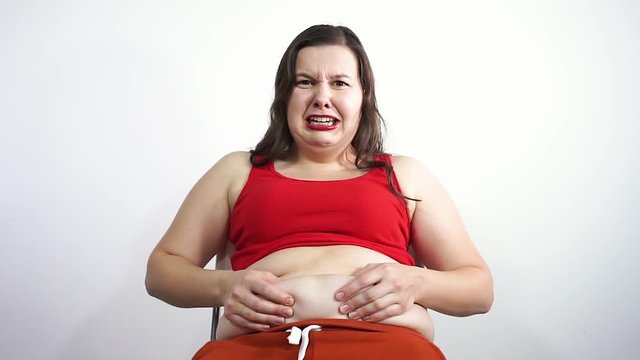 Thick girl touched the creases in his large belly and upset