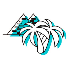 Holidays in Egypt. Pyramids and palm trees. Visiting a famous place. Design element. Vector illustration. Icon with shadow isolated on white background.