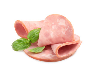 Tasty ham with basil isolated on white