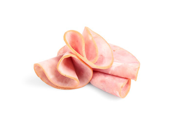 Slices of tasty fresh ham isolated on white