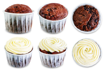 Chocolate cupcakes with cream cheese frosting on a white isolated background