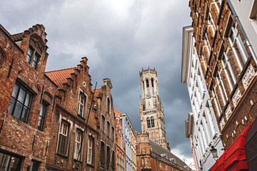 Fototapeta na wymiar View from inside of Market Square on Belfort or Belfry Tower in Bruges, Belgium