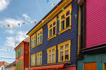 Stavanger multicolored wooden old houses view, Norway