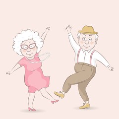 Old man and old woman dancing. Happy grandparents character design. Vector illustration in cartoon style.