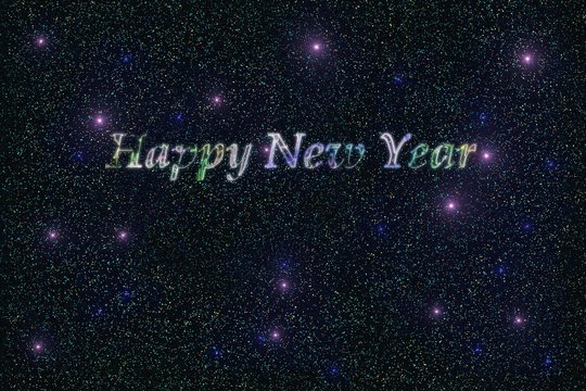 Galaxy picture with the words "happy new year" with many stars