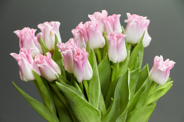 Glass vase with pink tulips on a dark wooden table, greeting background or concept
