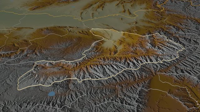 Baghlan, province with its capital, zoomed and extruded on the relief map of Afghanistan in the conformal Stereographic projection. Animation 3D