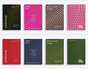 Minimalistic cover design templates. Set of layouts for covers of books, albums, notebooks, reports, magazines. Line halftone gradient effect, flat modern abstract design. Geometric mock-up texture