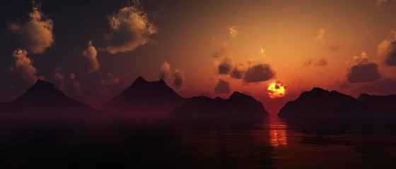 Fotobehang Chocoladebruin Panorama of ocean sunset among the rocky islands, 3D rendering.  © ustas