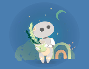 Modern Robot with garden plan Isolated On Blue Night Background Cute Cartoon Character Artificial Intelligence Concept Flat Vector Illustration