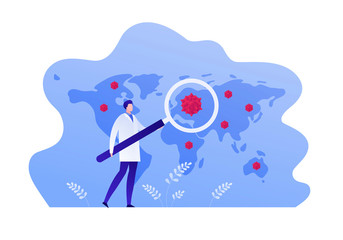 Infection global research concept. Vector flat person illustration. Doctor with magnifier study blood drop on world map. Design element for medicine banner, poster, background, web, infographic.