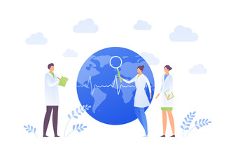 Enviroment ecology science concept. Vector flat people llustration. Scientist team of male and female study planet blue earth globe on white. Design element for banner, background, web, infographic.