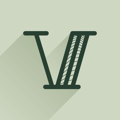 V letter logo in retro money style with line pattern and shadow.