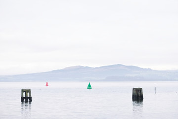 Fototapeta na wymiar Wooden sea posts for sea ship safety at port dock