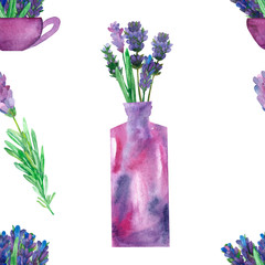 Watercolor hand painted nature floral seamless pattern with purple lavender flowers bouquet in the vase and cup, green leaves and branches isolated on the white background, trendy provence print