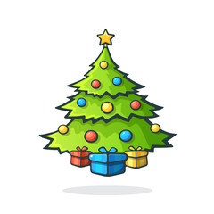 Vector illustration. Christmas tree with gifts under it and a star on the crown. Hand drawn doodle. Cartoon sketch. Isolated on white background
