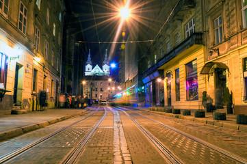 Fototapeta na wymiar Night Lviv old city architecture in the Christmas