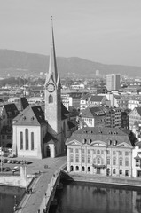 Switzerland: Panoramic view of the old town of Zürich city from the Grossminster-Tower